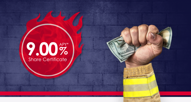 A close-up of a firefighter holding cash with a bold 9.00% APY label on a red and blue background.